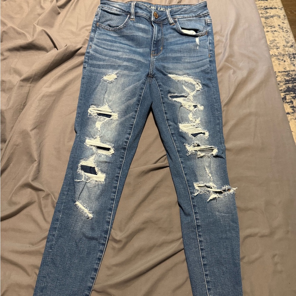 American Eagle Outfitters Blue Skinny Jeans with Distressed Details